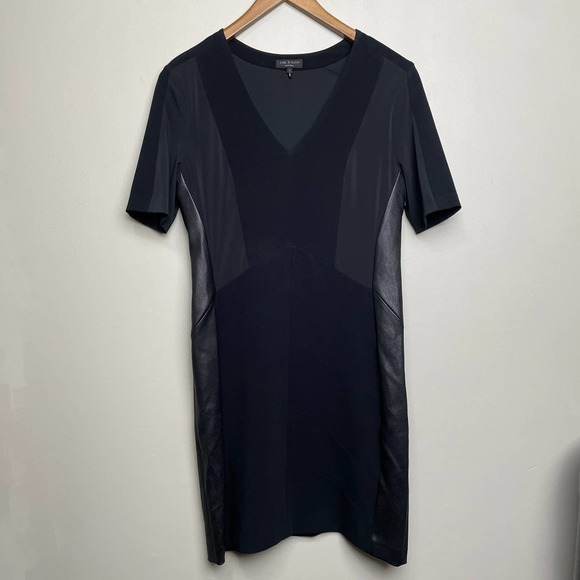 rag & bone Dresses & Skirts - Rag & bone Leather Accent Short Sleeve V Neck Little Black Dress Midi 6 Side Zip